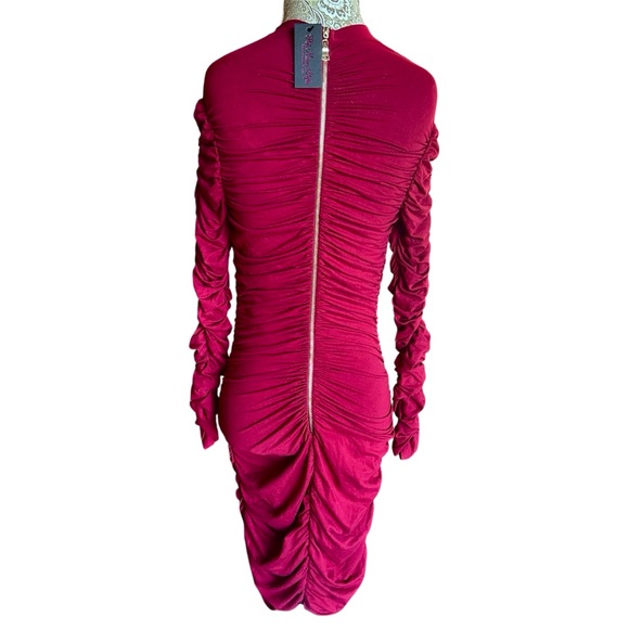 Hot Miami Styles Sexy Burgundy Ruched Long Sleeve Dress Size Medium Back Zipper - Picture 3 of 5